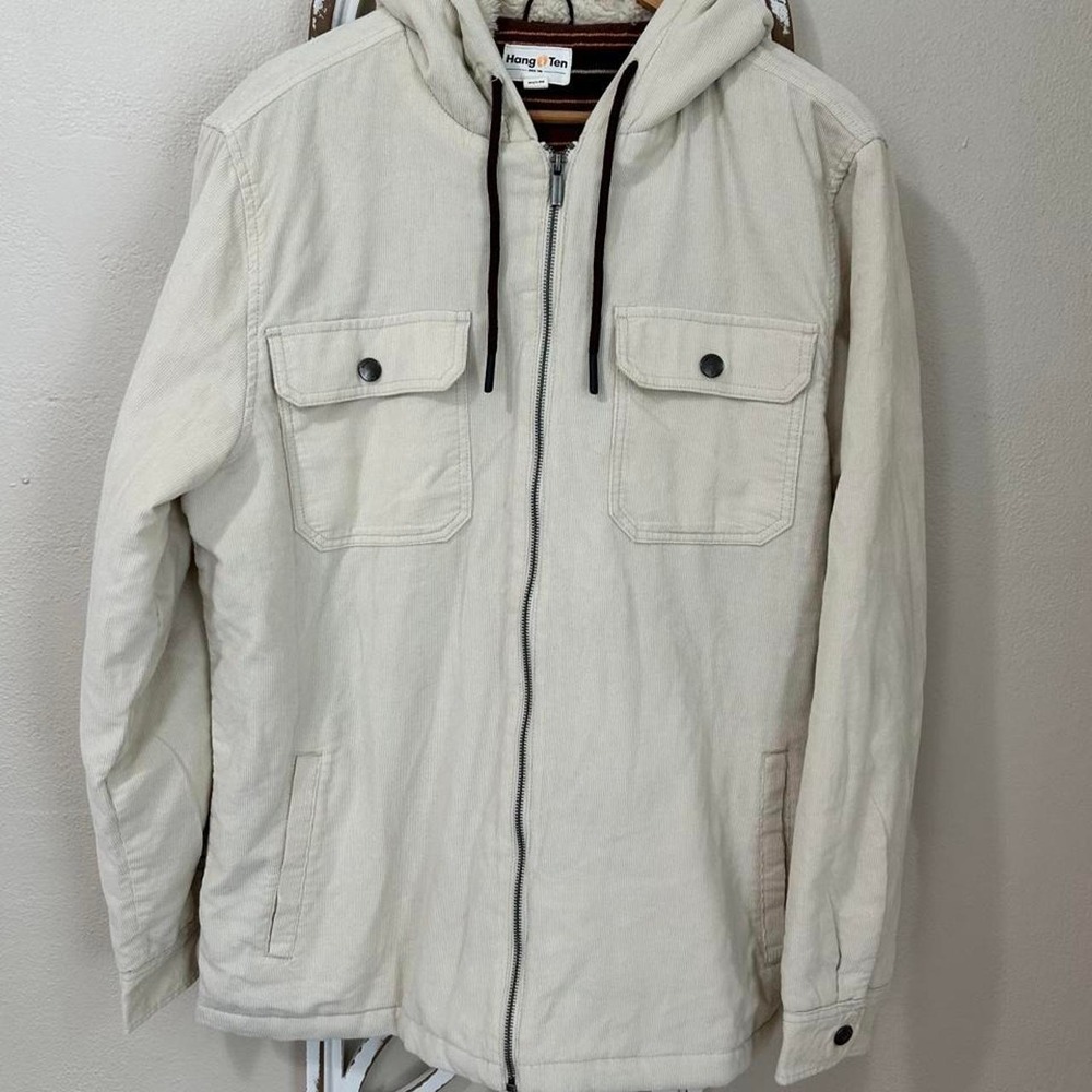 Hang Ten Womens large Hooded Jacket Cream corduroy flannel Lined Zip Up